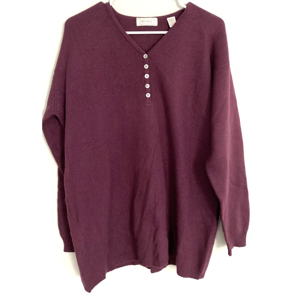 Vtg Lord & Taylor Sweater Women L Purple Cashmere V Neck Henley Hong Kong 80s